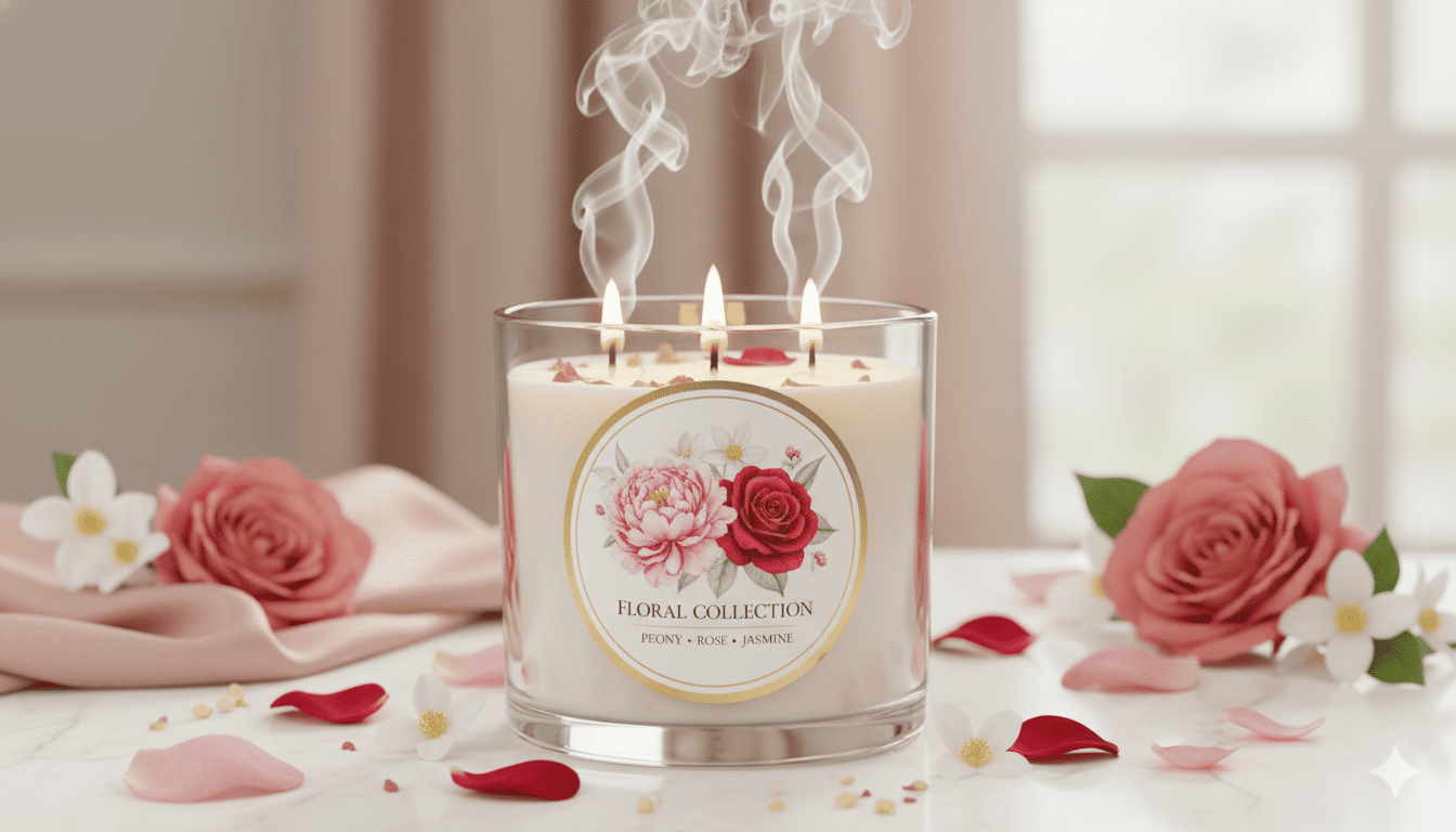 Kukkaiskokoelma soijavahakynttilä pioni ruusu jasmiini